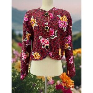 Vintage Cropped Quilted Floral Blazer Medium Vintage Silk Neiman Marcus Quilted